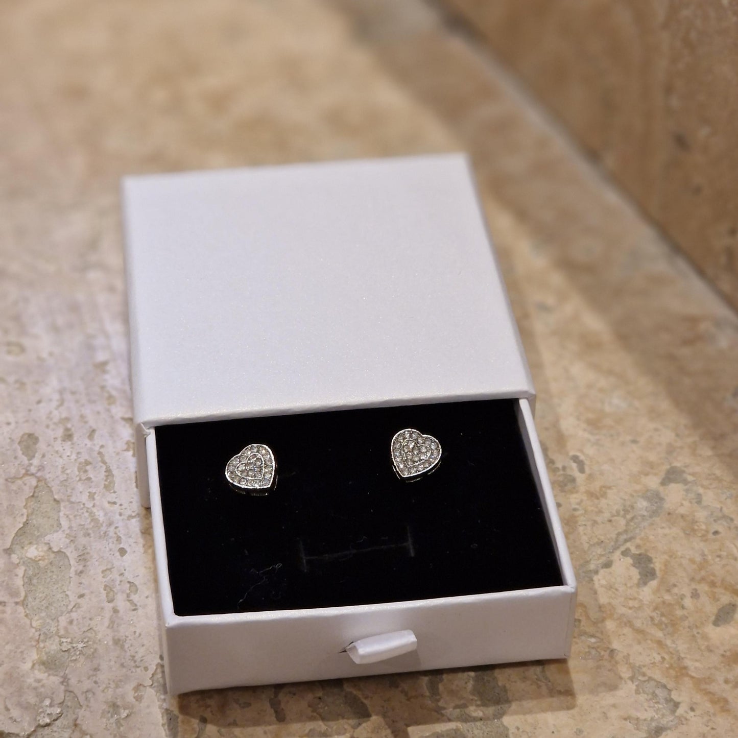 Sparkling Heart Stud Earrings ~ Silver